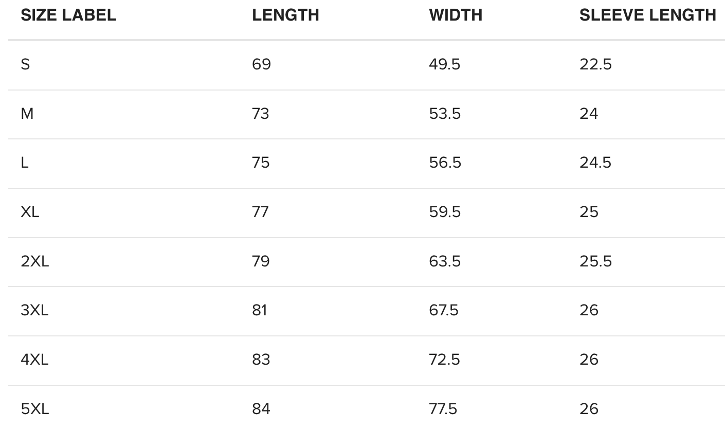 T-shirt size guide measurements (chart 2)